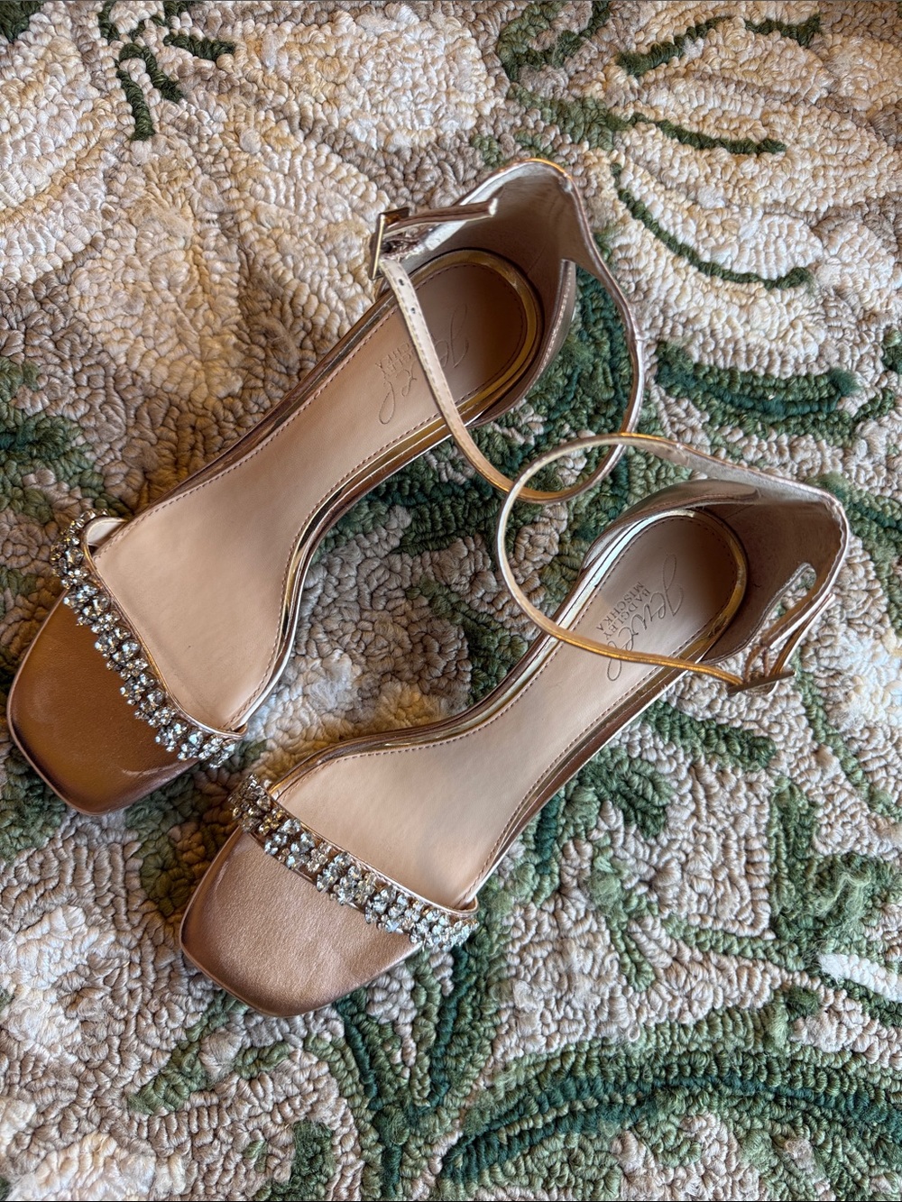 Jewel Badgley Mischka Rose Gold Crystal-Embellished Ankle-Strap Heels